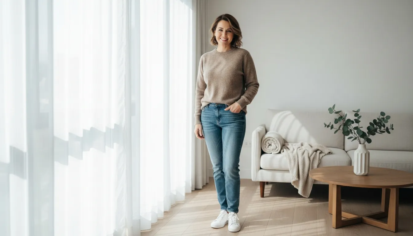 Woman posing in a bright minimalist living room