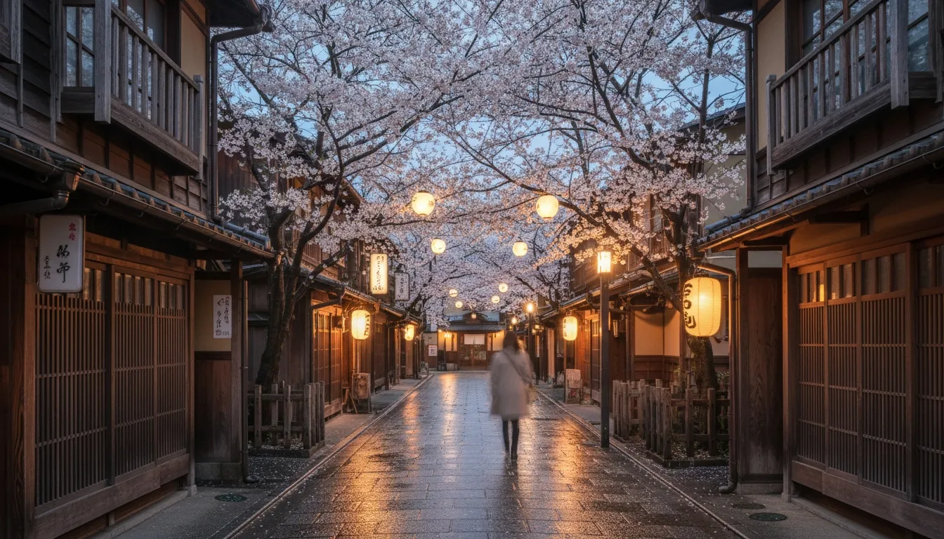 Traditional Japanese street lined with cherry blossoms and lanterns at dusk
