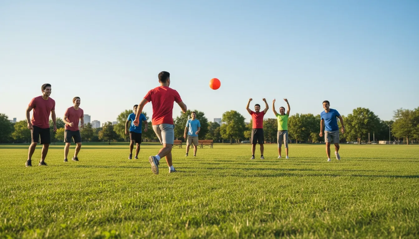 Group playing kickball on a sunny grass field