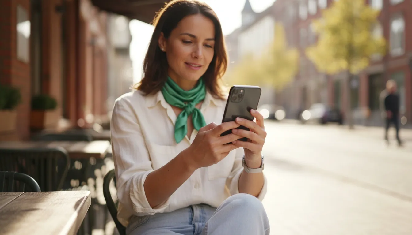Woman using a smartphone at an outdoor cafe