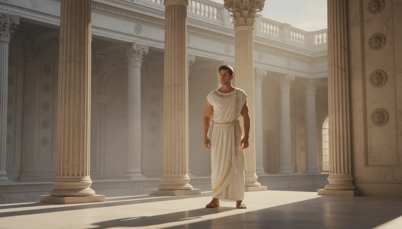 Roman-inspired figure in a white toga standing among marble columns