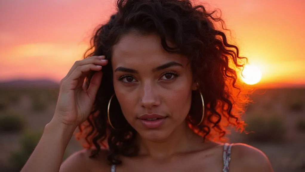 Woman with curly hair outdoors at sunset