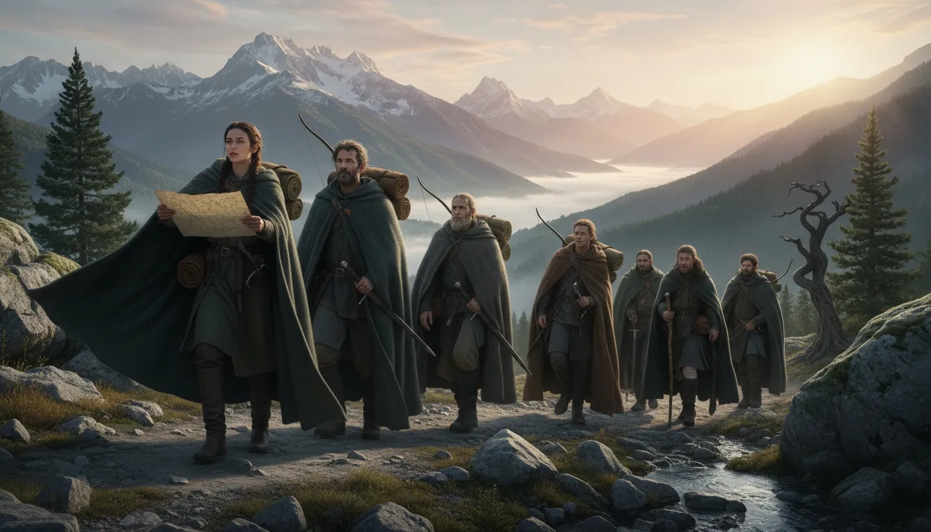 Group of cloaked fantasy travelers crossing a rugged mountain valley