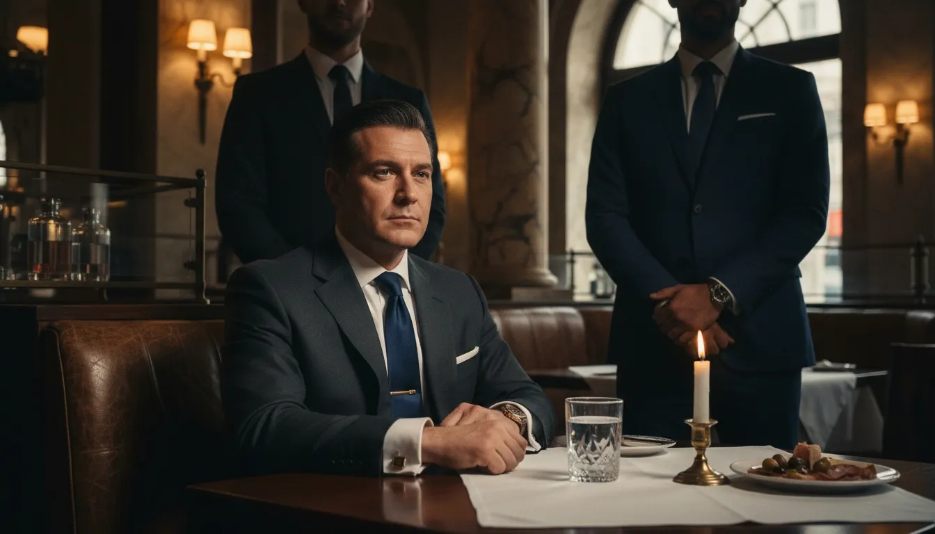 Suited man seated at a restaurant table with two suited guards behind him
