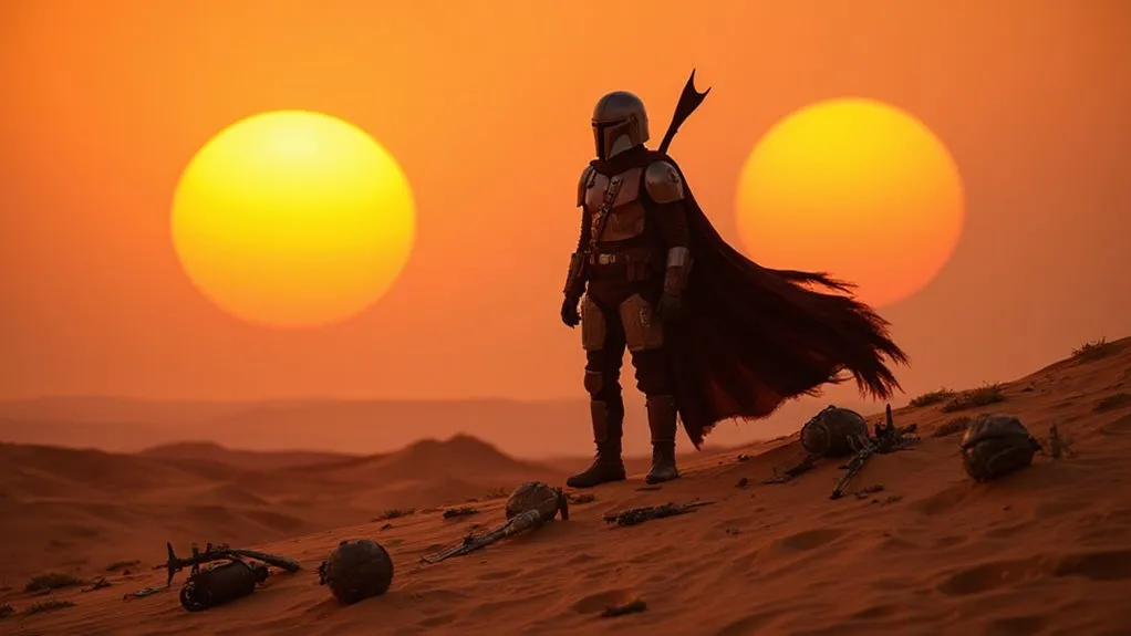 Armored bounty hunter crossing a red desert beneath two suns