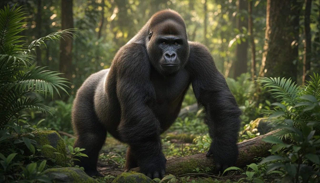 Silverback gorilla standing in a lush rainforest