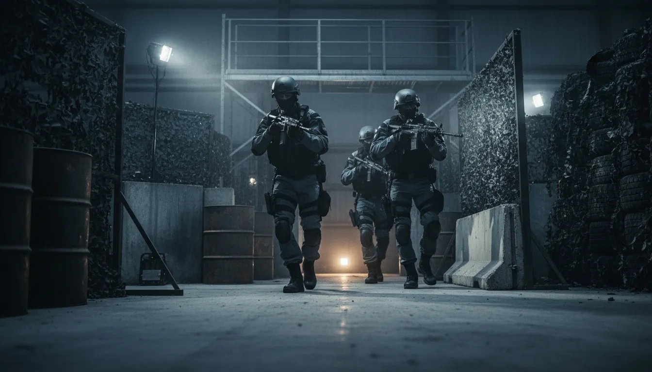 Tactical team moving through a dark training compound