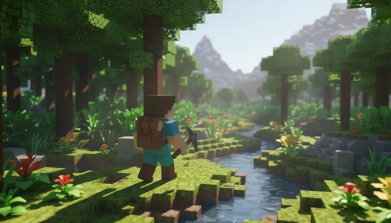 Block-style explorer walking through a lush pixelated landscape
