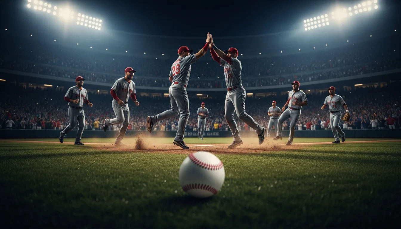 Baseball players celebrating on the field under stadium lights