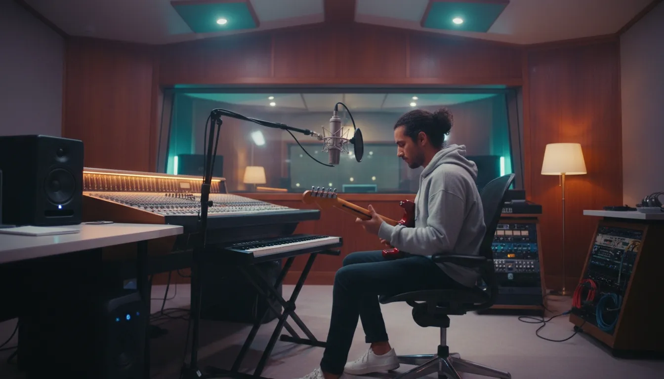Musician working with a keyboard in a recording studio