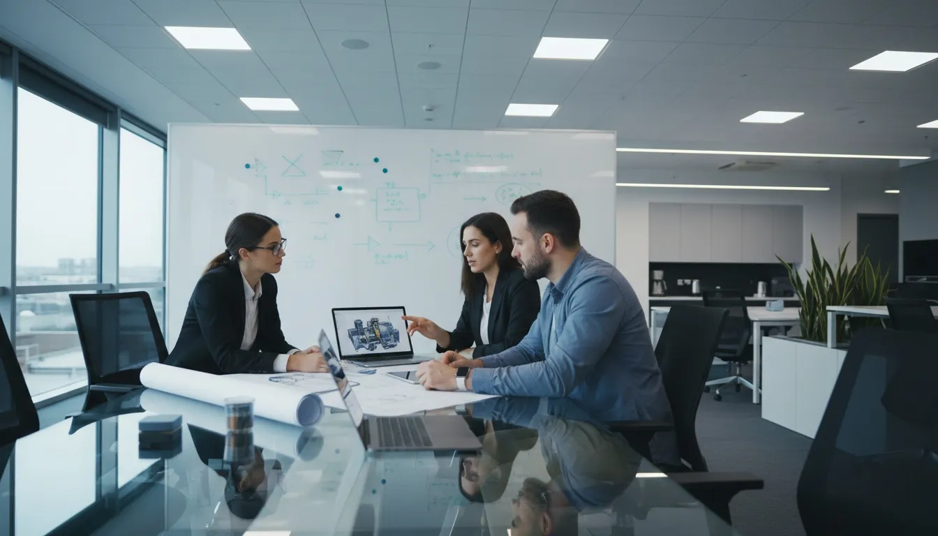 Engineers reviewing plans together in a modern office
