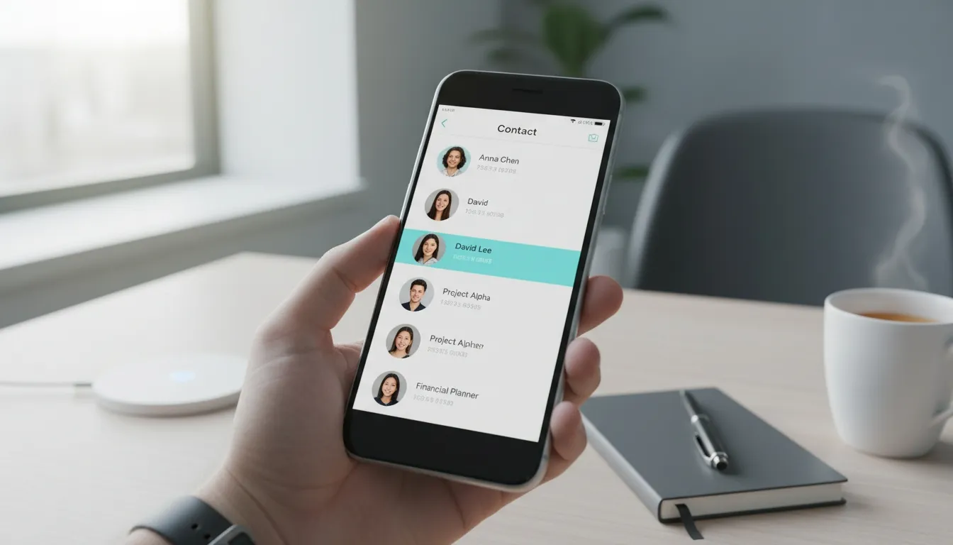 Hand holding a smartphone displaying a contact list