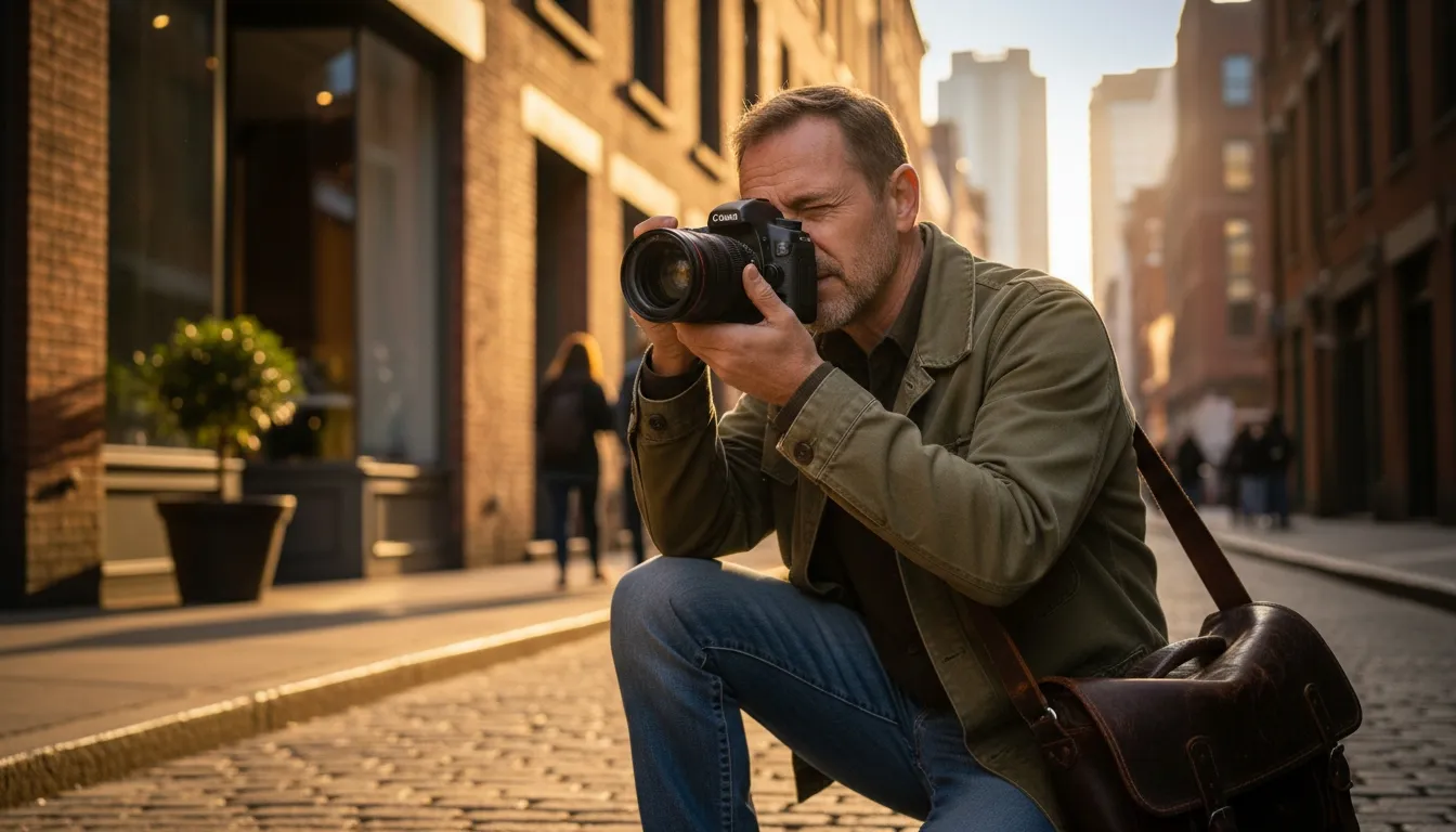Photographer taking a picture on a sunlit city street