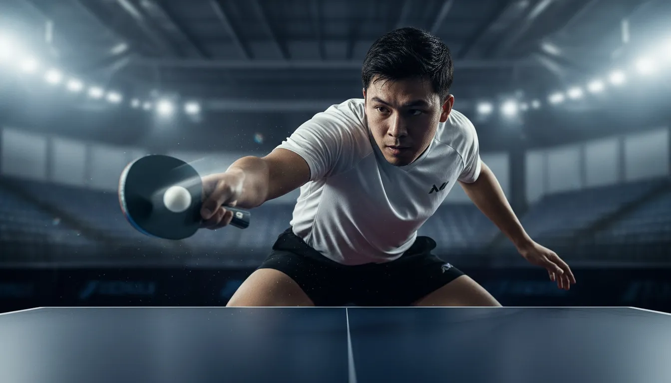Table tennis player reaching forward to return the ball
