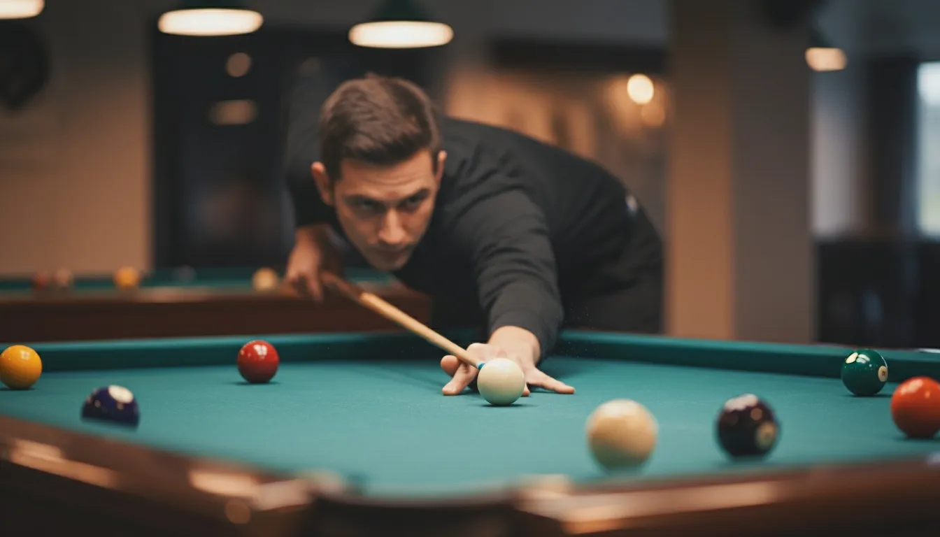 Pool player lining up a shot on a billiards table