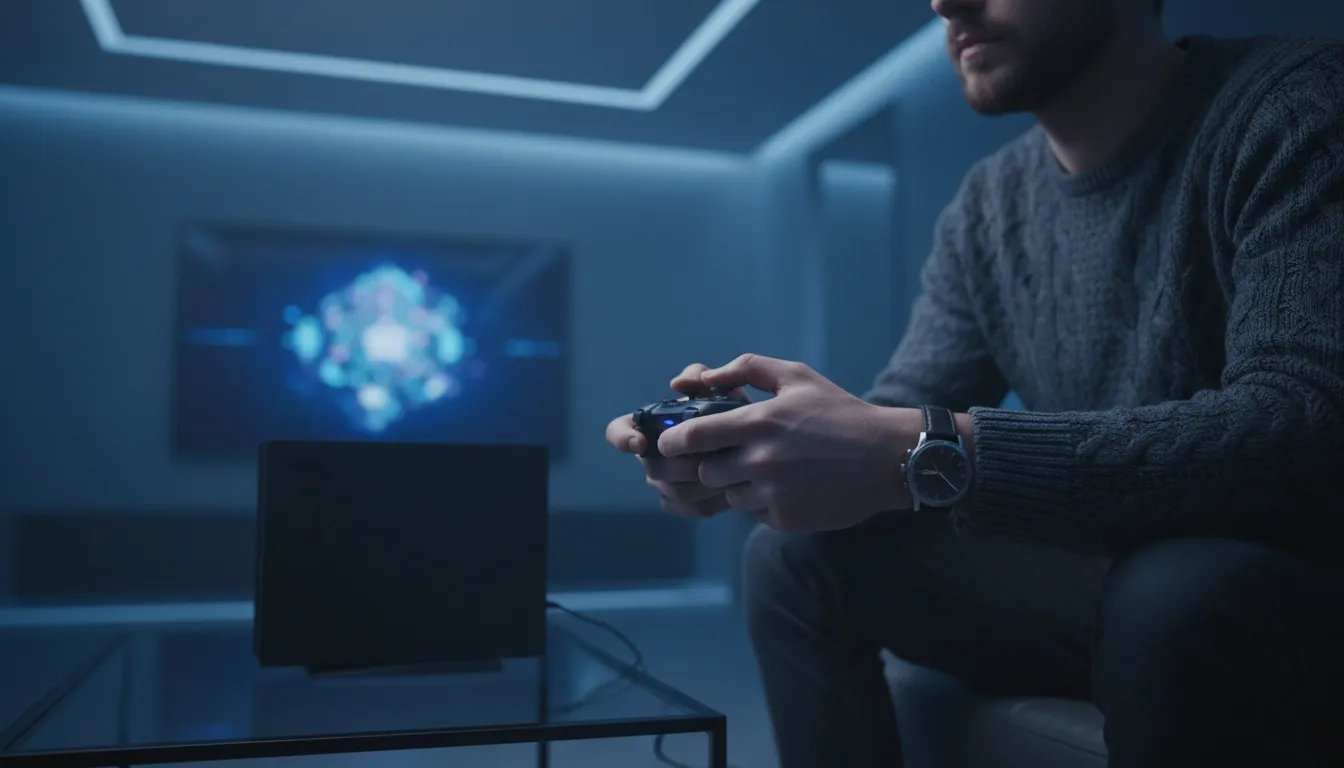 Man playing a video game with a controller in a blue-lit room