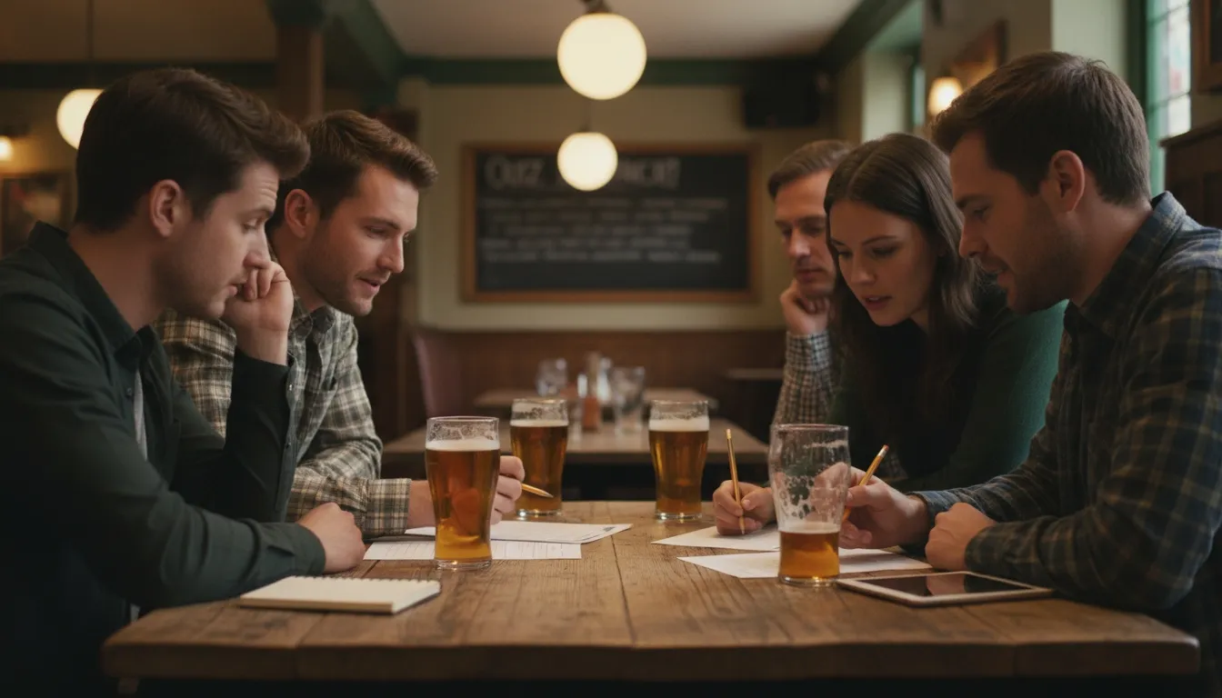 Friends working on quiz answers around a pub table