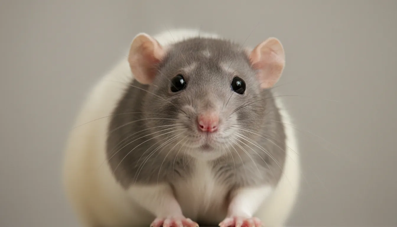Gray and white pet rat facing the camera