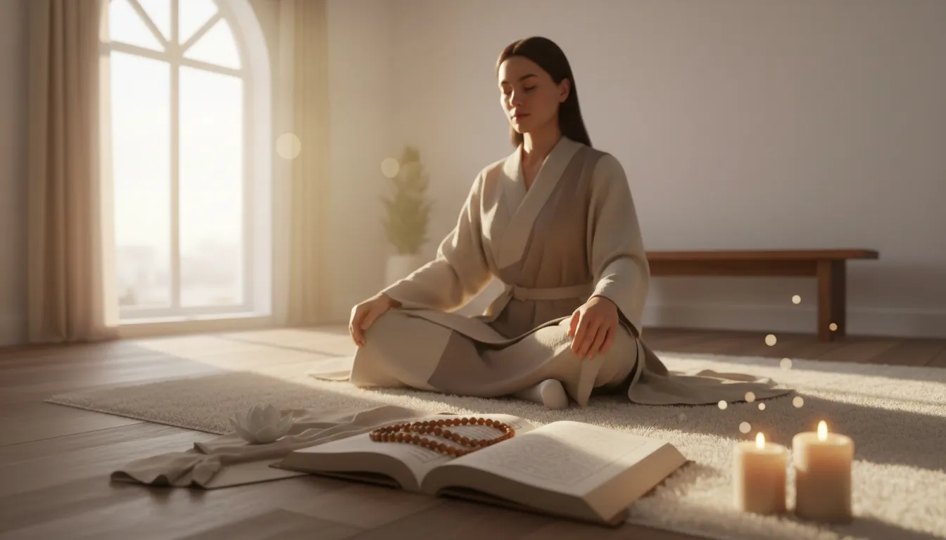 Woman meditating beside an open book and candles in a softly lit room