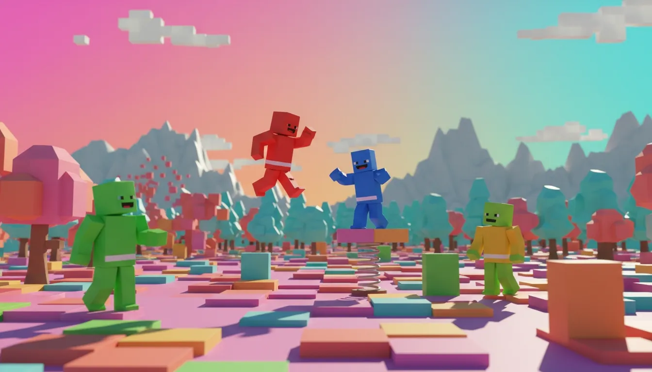 Colorful block-style avatars running through a playful virtual landscape