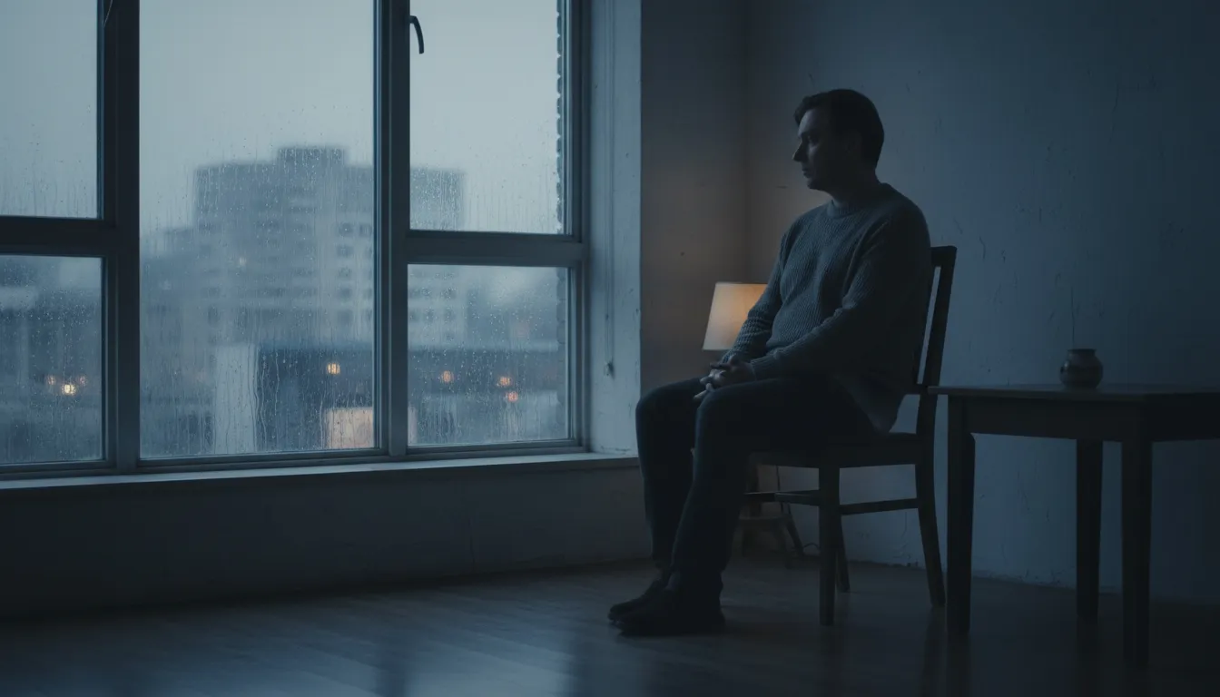 Person sitting alone beside a window in a dim room