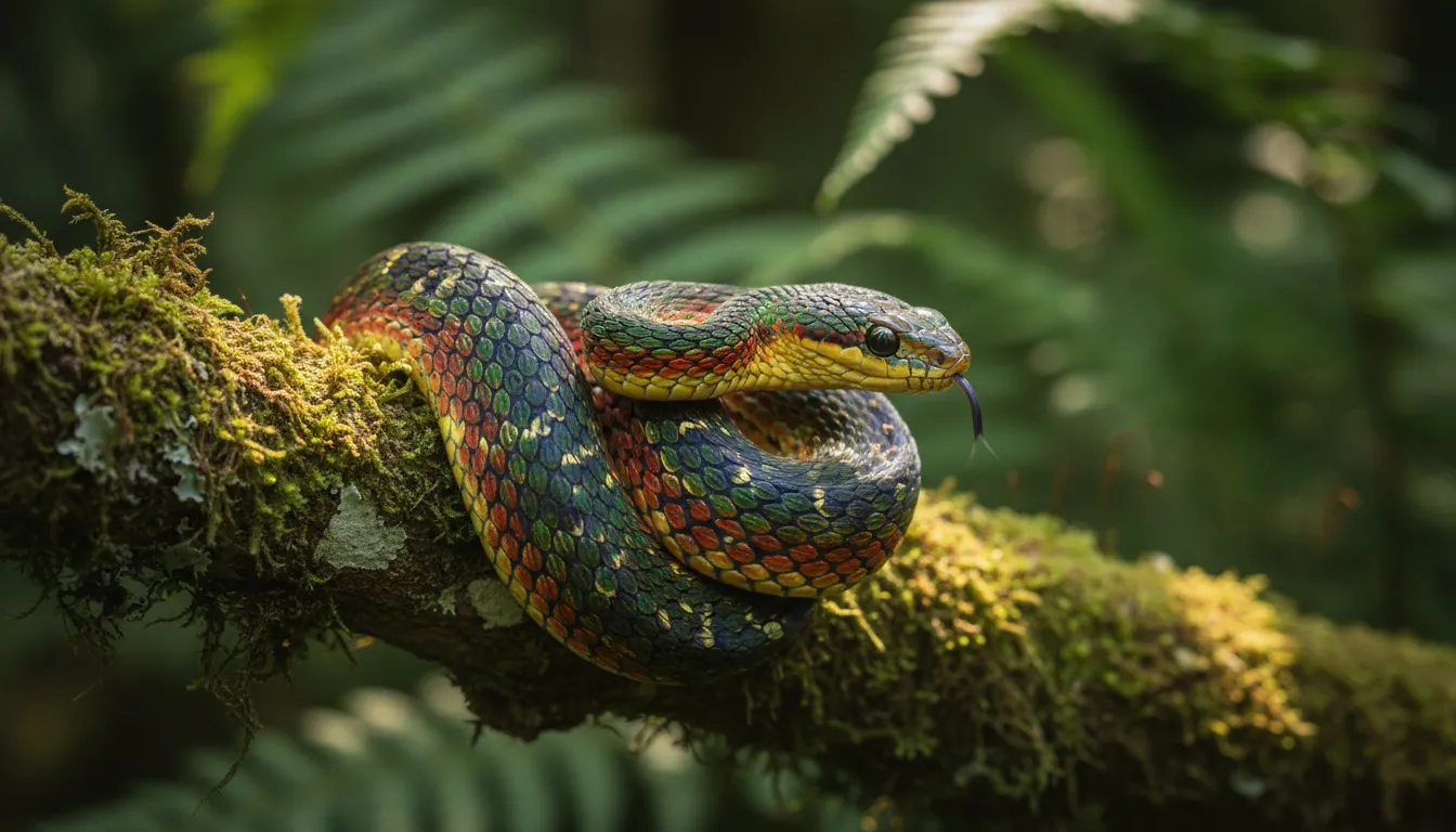 Colorful snake coiled on a mossy forest branch