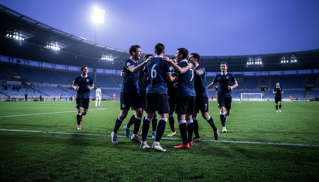 Soccer players celebrating together on a floodlit stadium field