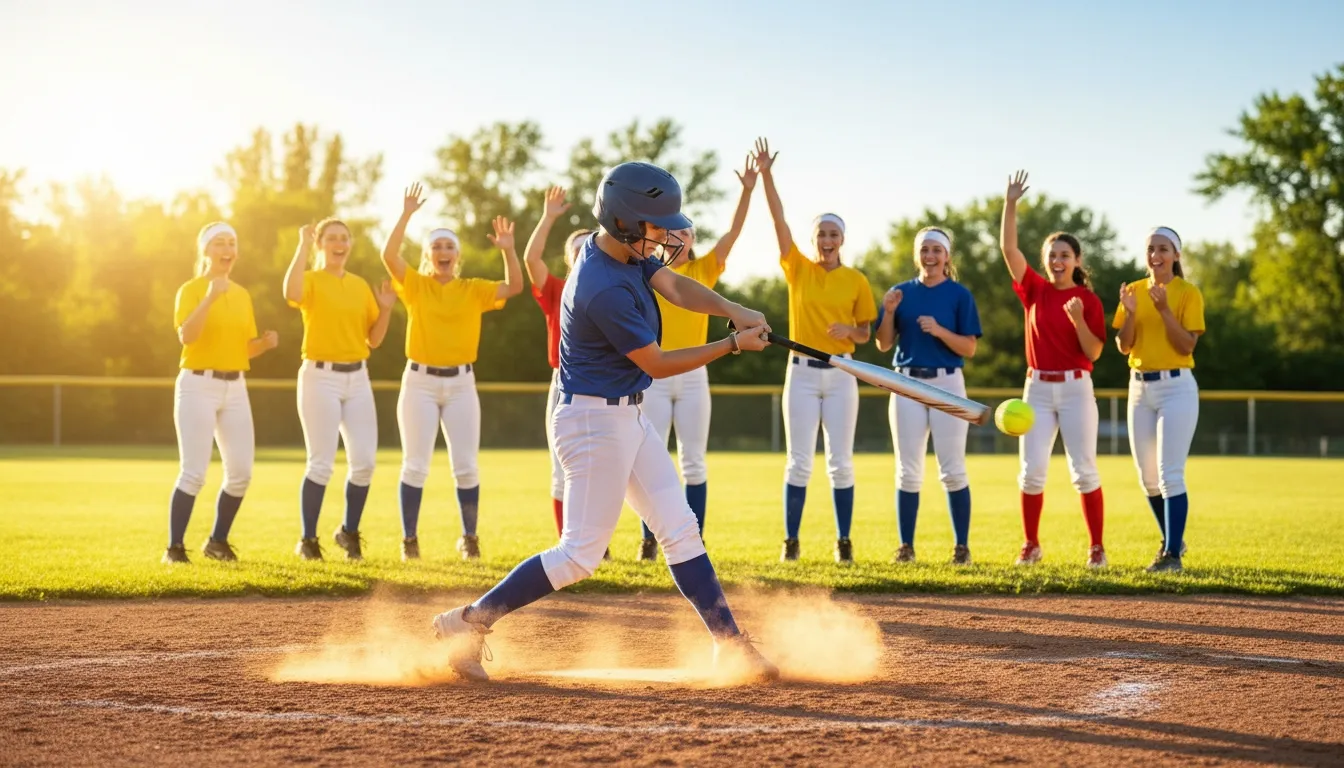 Softball player batting as teammates cheer from the field