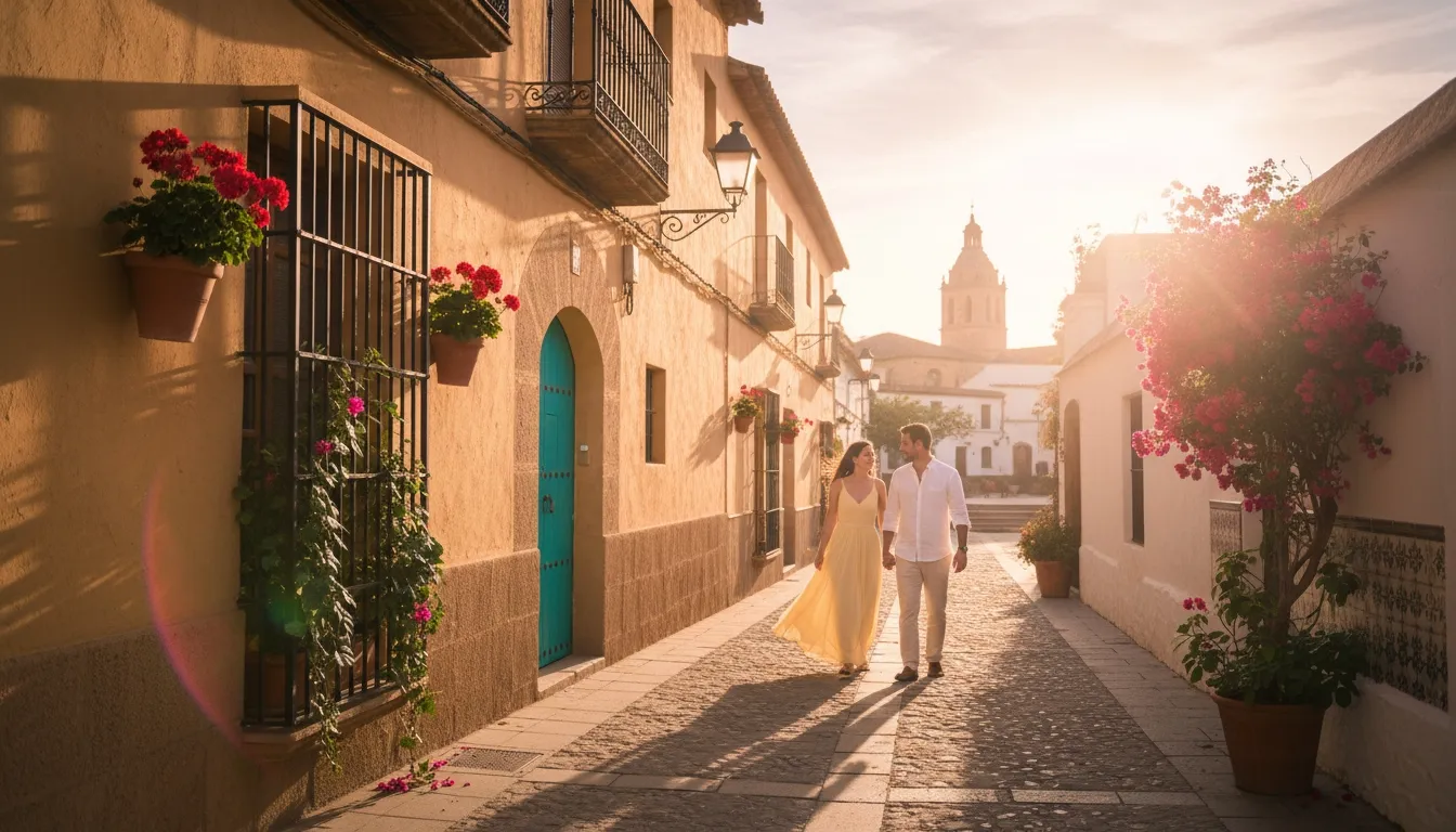 Couple walking along a sunlit Mediterranean street lined with flowers