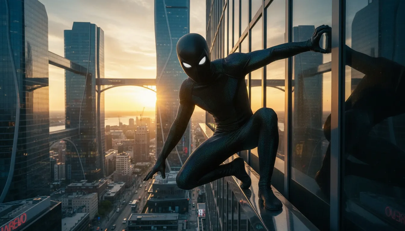 Masked wall-crawling superhero clinging to a skyscraper above the city
