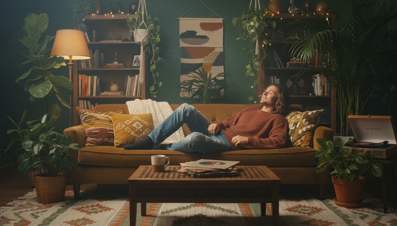 Relaxed man reclining in a cozy plant-filled living room