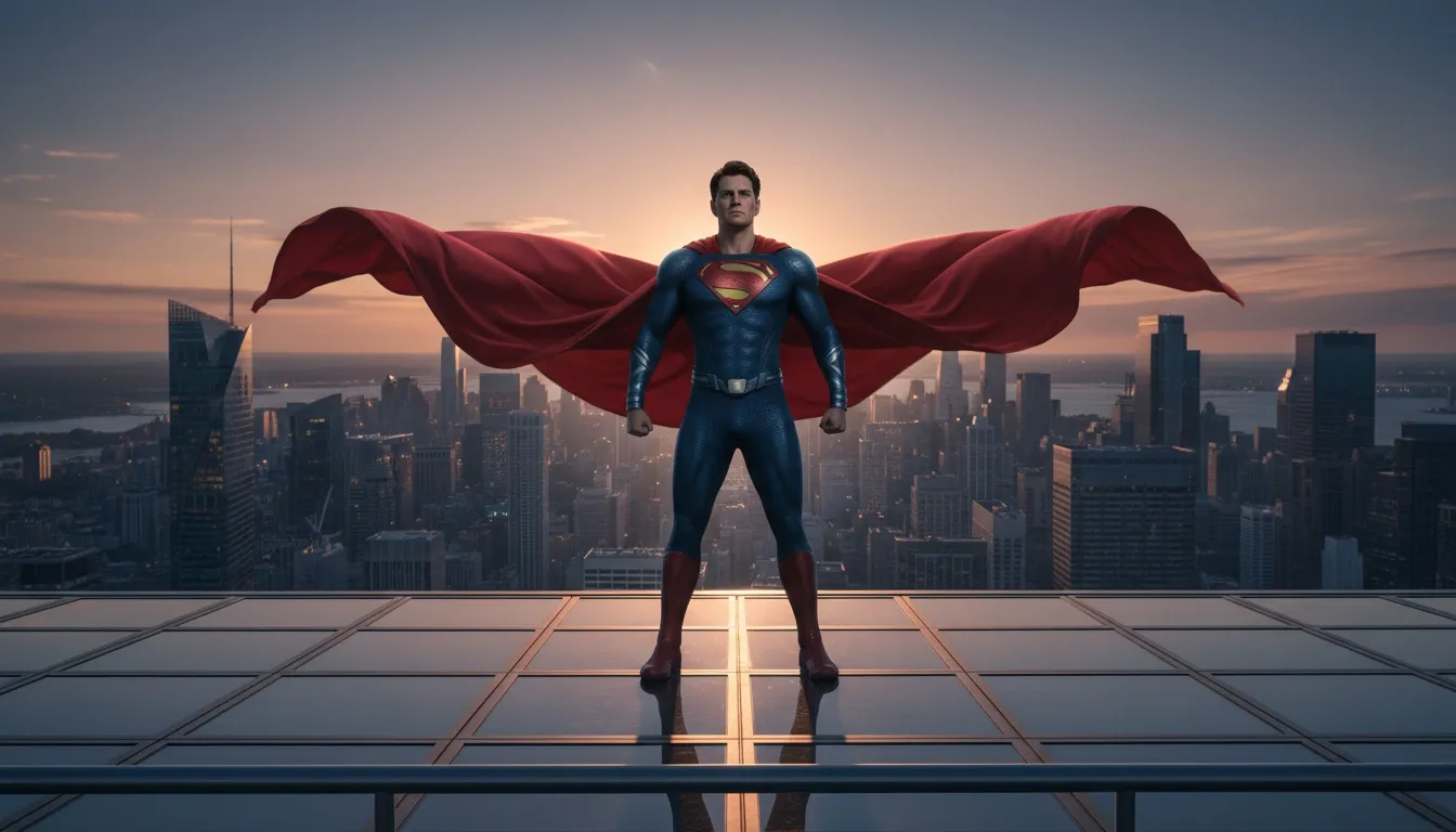 Caped superhero standing above a city skyline at sunset