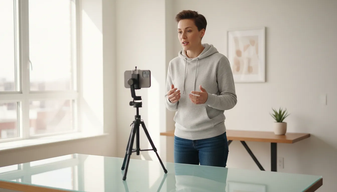 Content creator speaking to a smartphone camera in a bright room