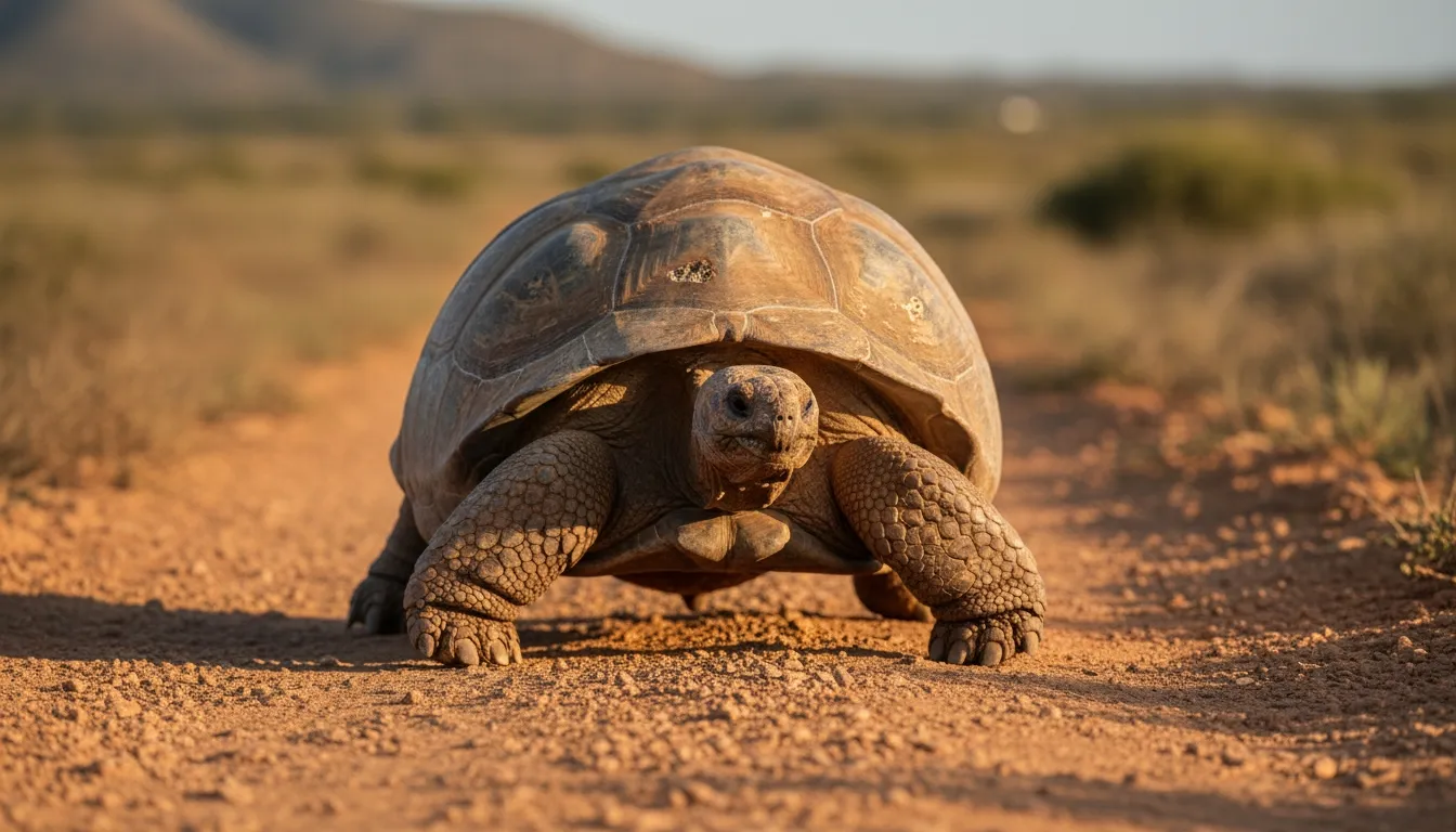 Tortoise walking along a dry earthy path