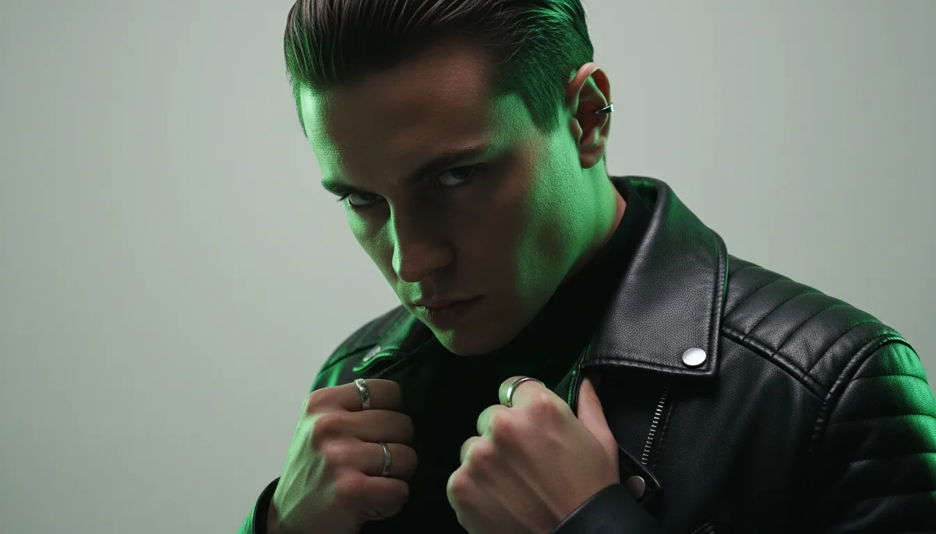 Man in a black leather jacket lit by green light
