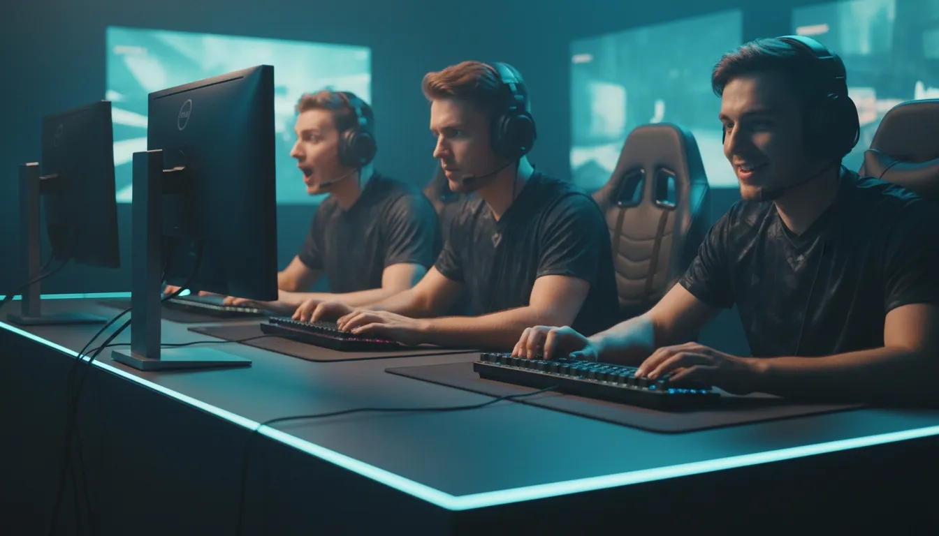 Three gamers playing together at a blue-lit computer setup