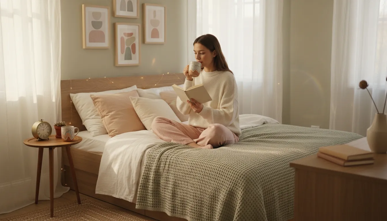 Woman relaxing on a bed in a softly lit pastel bedroom