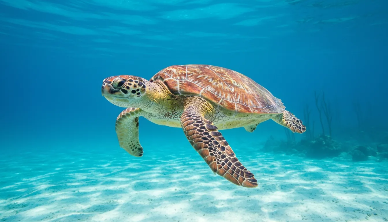 Sea turtle swimming through clear blue water