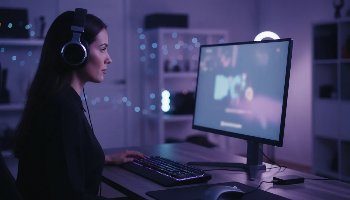 Woman wearing headphones at a purple-lit streaming setup