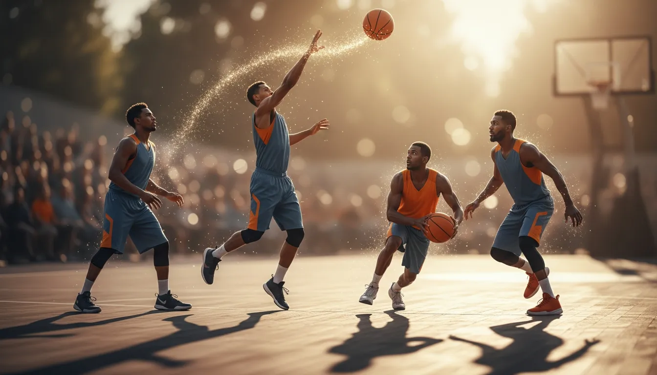 Basketball players competing on an outdoor court in warm sunlight