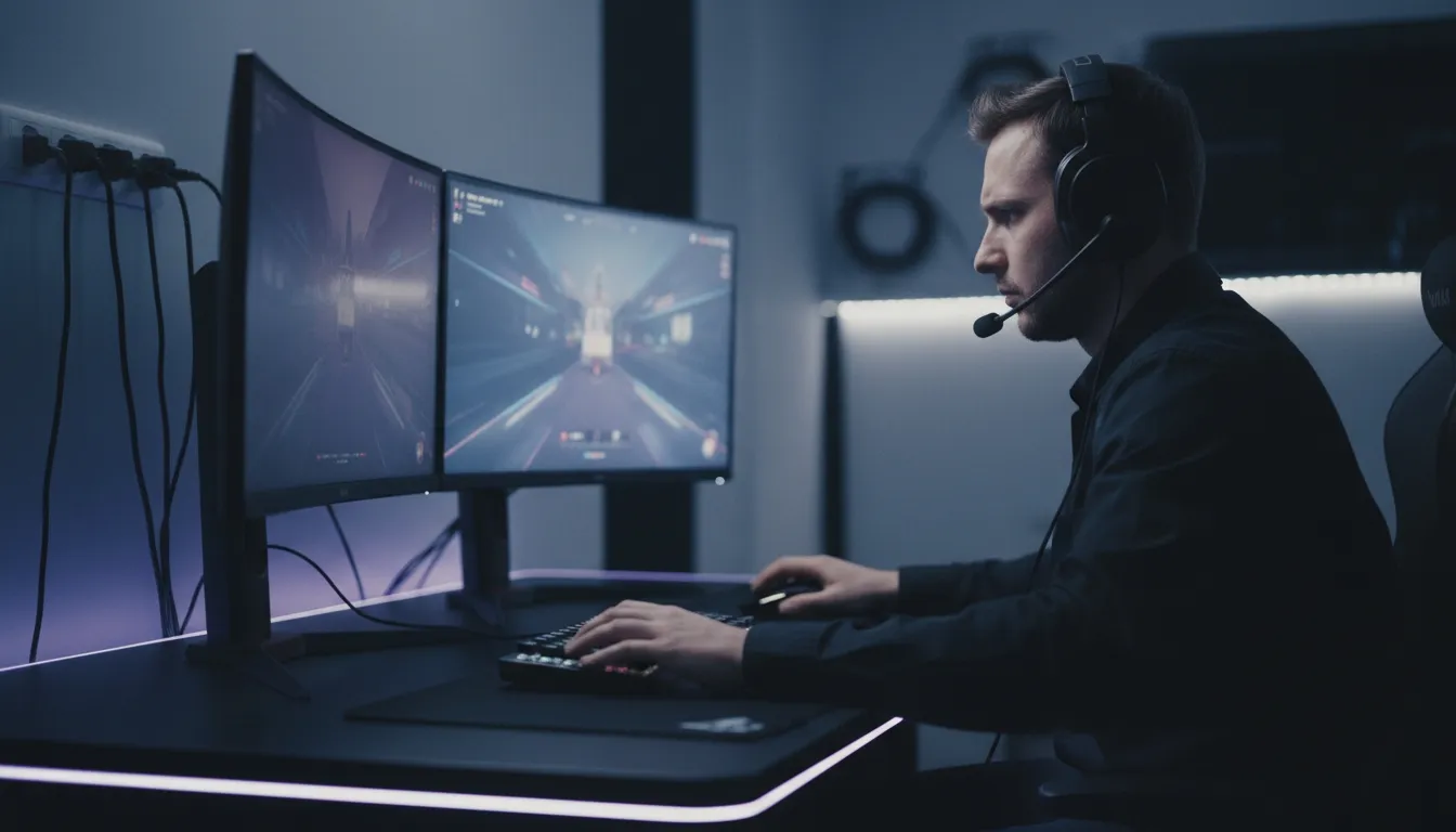Focused gamer wearing a headset at a dual-monitor desk
