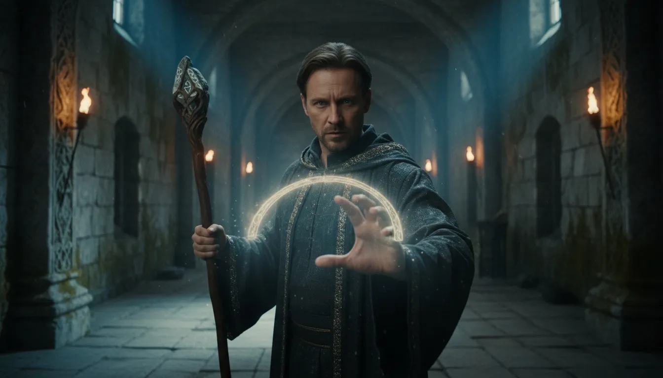 Wizard casting glowing magic in a torchlit stone corridor