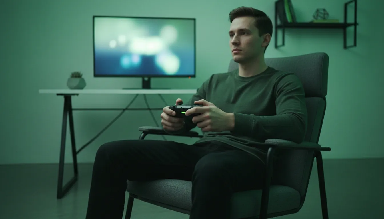 Man playing a console game with a controller in a green-lit room