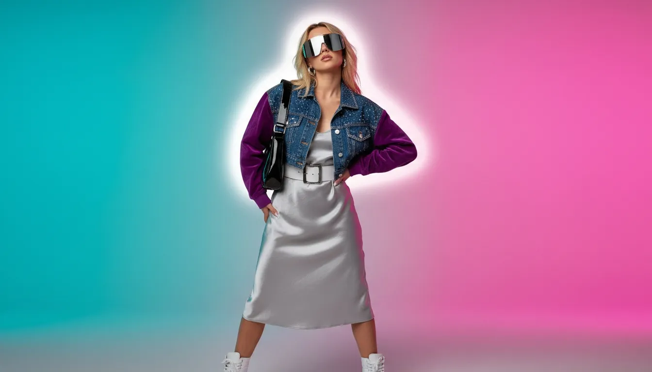 Woman in retro futuristic fashion against a pink and teal backdrop
