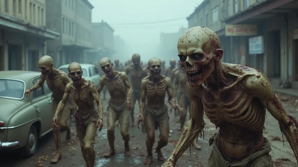 Group of decaying zombies walking down a foggy street
