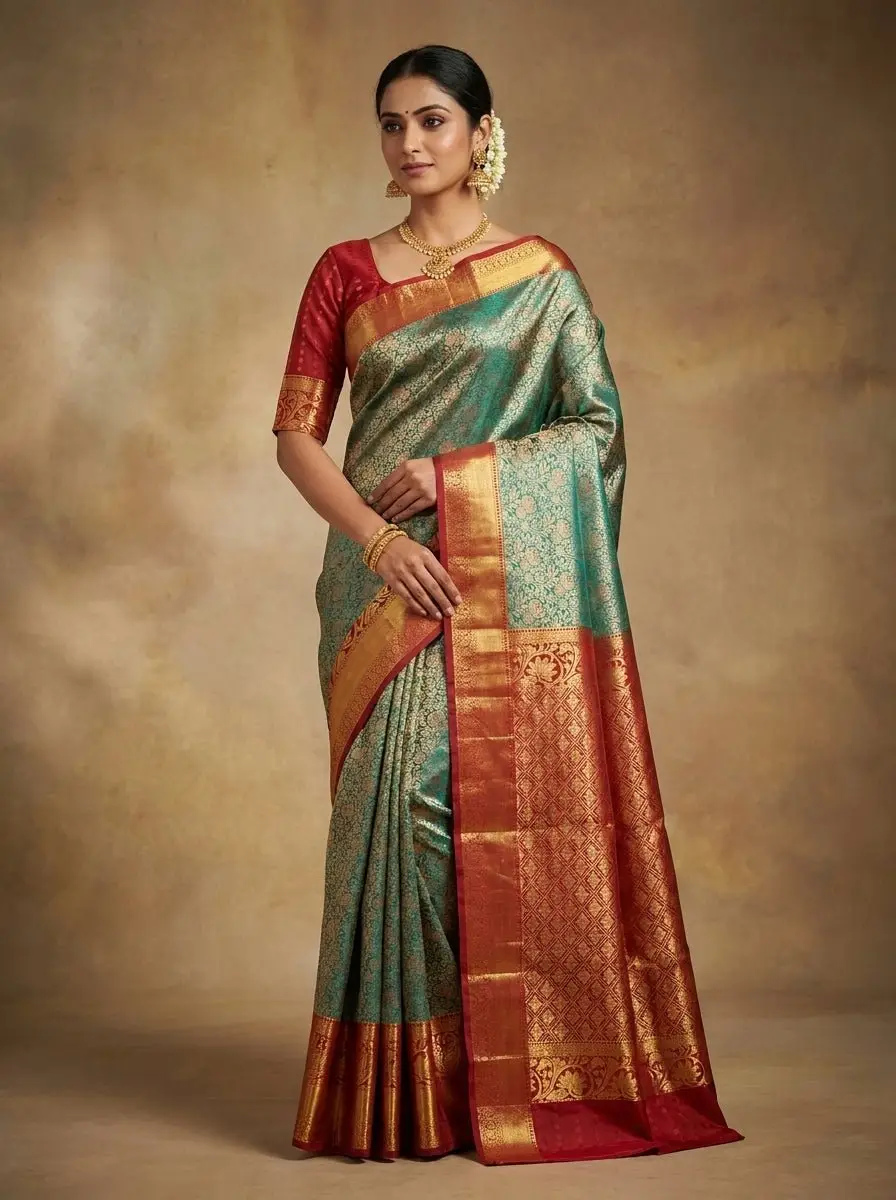 Emerald Crimson Pattu Silk Saree