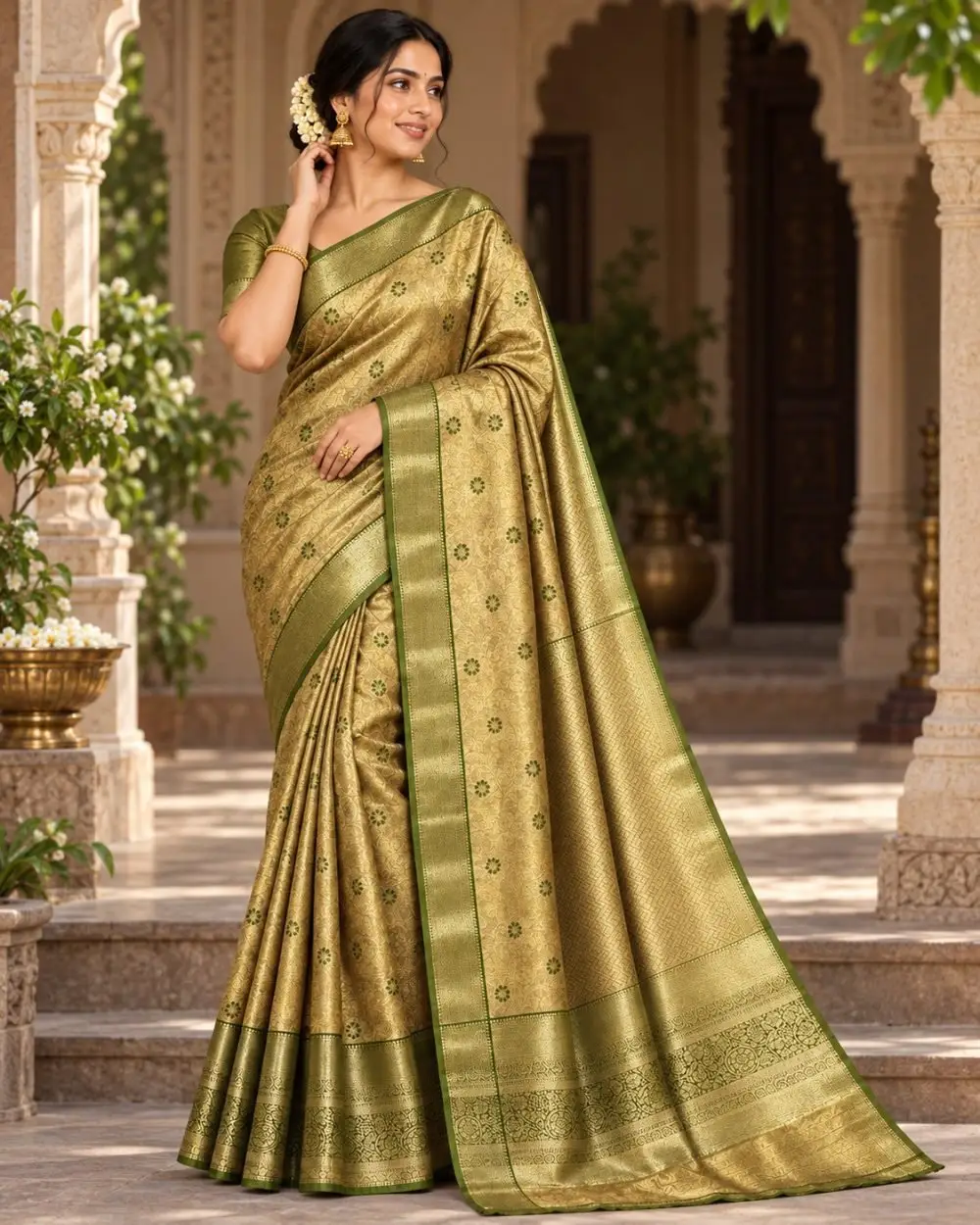 Antique Gold Meenakari Pattu Saree with Olive Green Border
