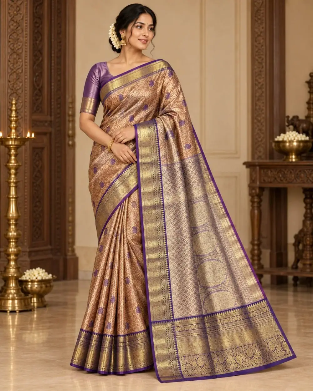 Copper Gold Meenakari Pattu Saree with Purple Border