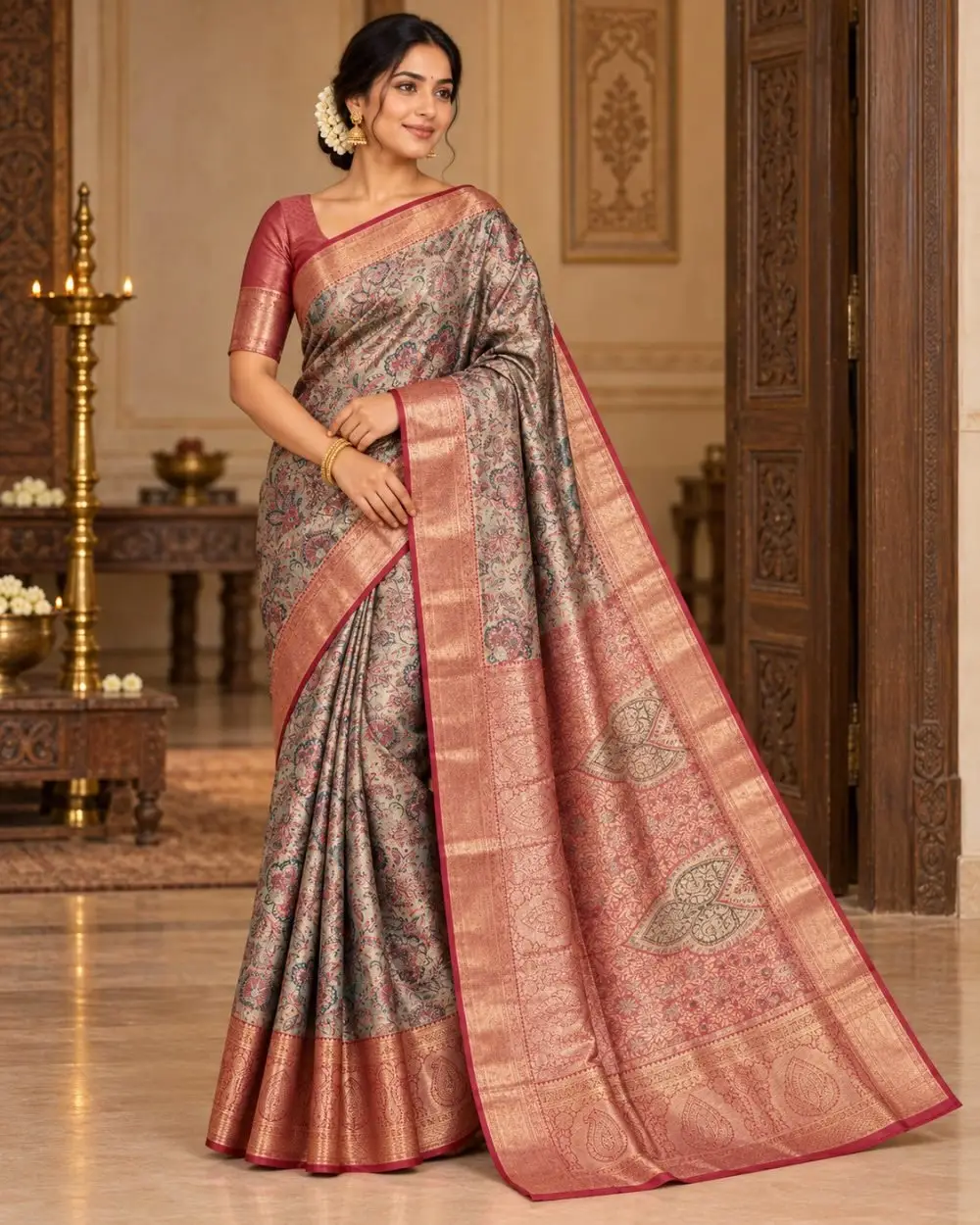 Champagne Floral Meenakari Pattu Saree with Rust Red Border