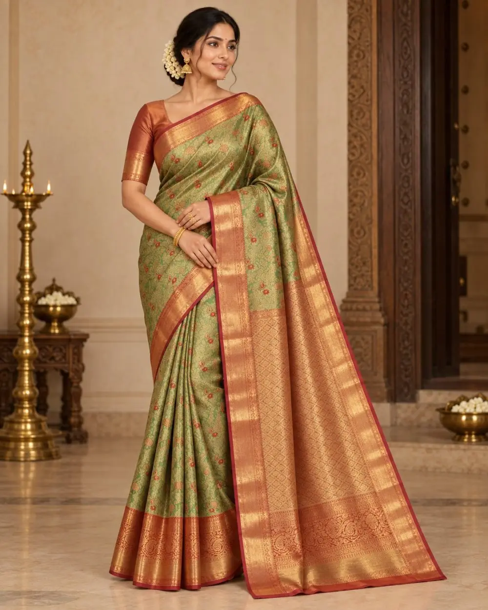 Pistachio Green Meenakari Pattu Saree with Copper Orange Border